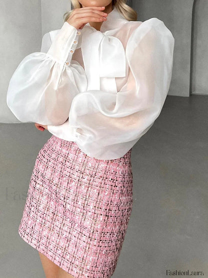 Mesh Puff Graceful Sleeve Knot-Front Shirt