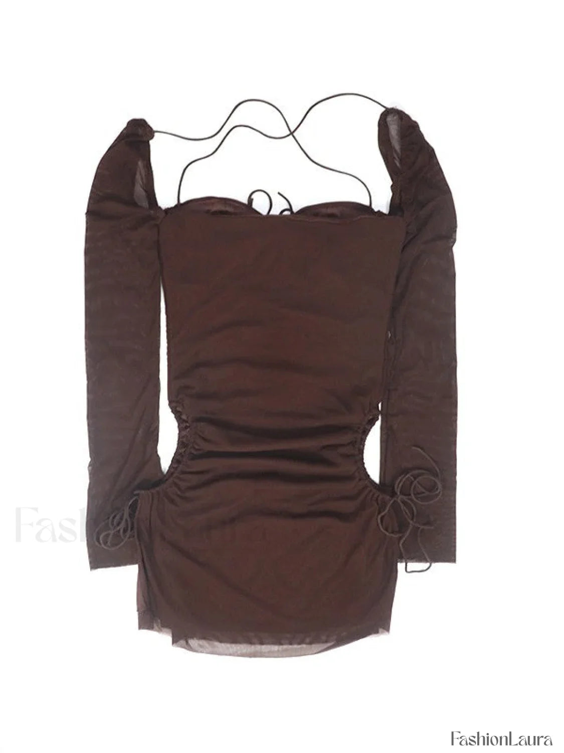 Mesh Tie Strap Halter Long Sleeve Mini Dress