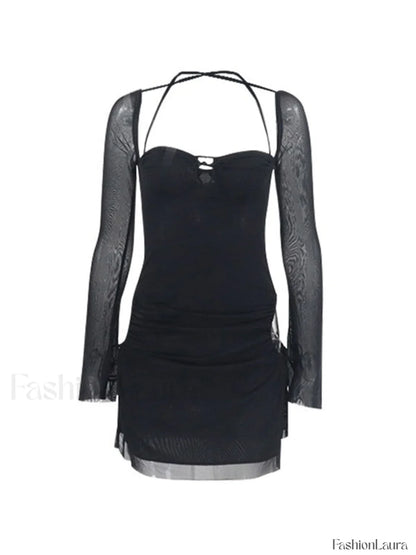 Mesh Tie Strap Halter Long Sleeve Mini Dress