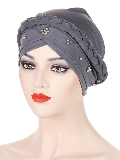 Multiple Colors Choice with Beads Women Muslim Braid Head Turban Wrap Cover Islamic Arab Cap Fashion Hair Loss Bonnet Beanies for Women