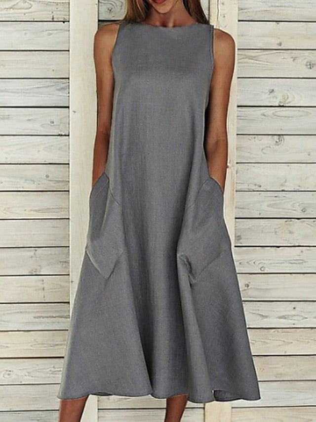 A Line Dress Midi Dress Blue White Gray Yellow Sleeveless Solid Color Pocket Spring Summer Round Neck Basic Hot Loose  S M L XL XXL for Women