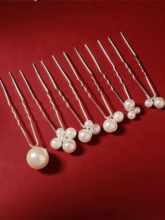 6pcs Hair Sticks Hairpin For Wedding Street Gift Daily Creative Classic Pearl Alloy rice white for Women