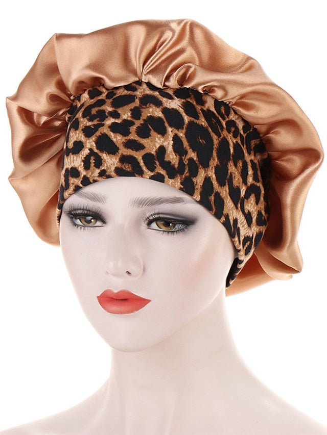 Women Satin Night Beauty Salon Sleep Cap Bonnet Hat Silk Headwrap Floral Print Wide Elastic Band Curly Springy Hair Chemo Cap Sleep Cap for Women