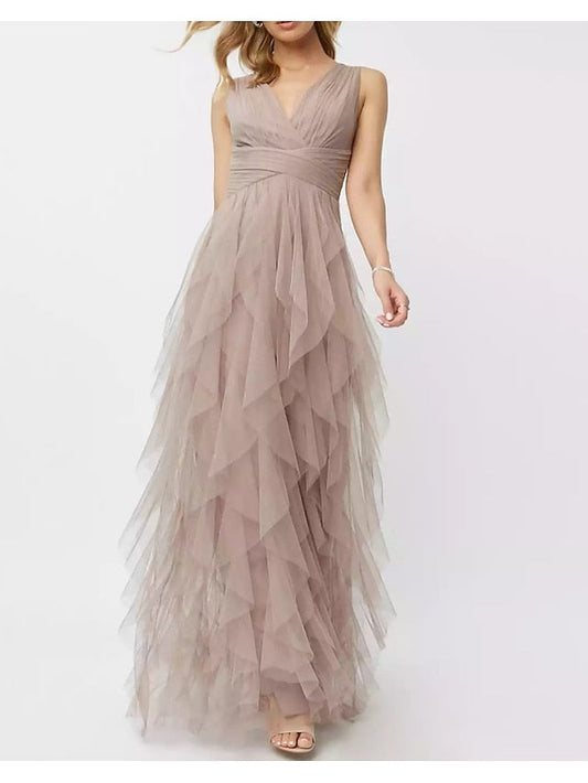 A-Line Spring Prom Formal Evening Dress V Neck Sleeveless Floor Length Polyester with Draping Tier 2022