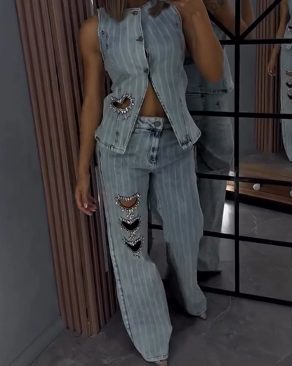 Decorative Hollow Straight-Leg Denim Suit (Pre-Sale)