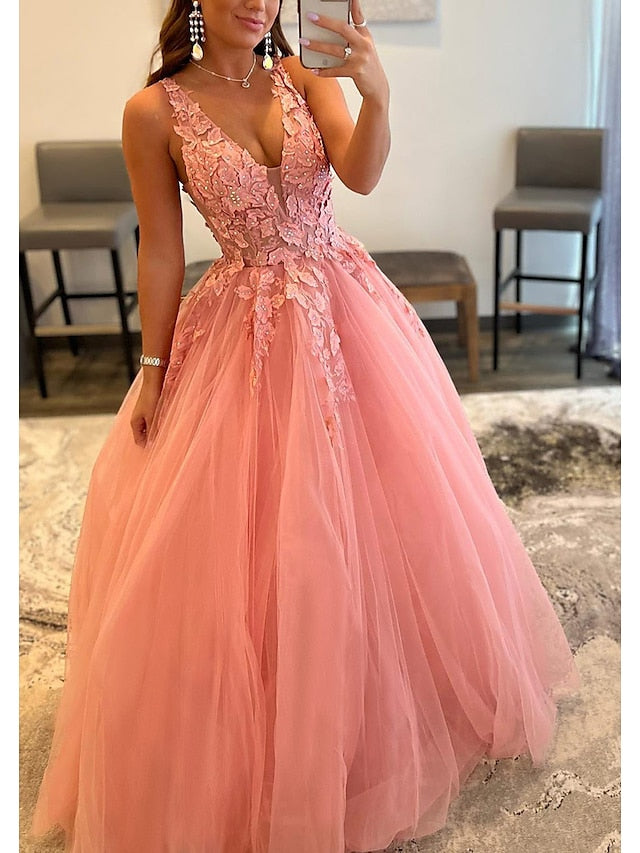 A-Line Prom Dresses Open Back Dress Formal Floor Length Sleeveless V Neck Tulle Backless with Pleats Beading Appliques 2023