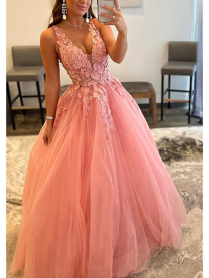 A-Line Prom Dresses Open Back Dress Formal Floor Length Sleeveless V Neck Tulle Backless with Pleats Beading Appliques 2023