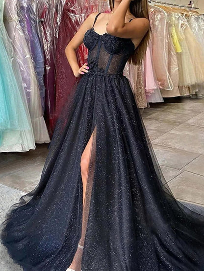 A-Line Prom Dresses Glitter Formal Gothic Dress Graduation Floor Length Sleeveless Sweetheart Spaghetti Tulle with Slit 2023