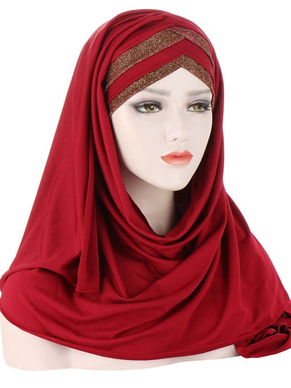 Forehead Cross Hair Wrap Scarf Solid Color Glitter Sequins Jersey Hijabs Muslim Headband Women Turban Hair Cap Headscarf for Women