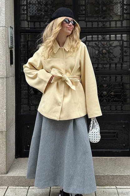 Minimalist Solid Color Tie Waist Mid-Length Coat