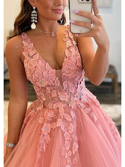 A-Line Prom Dresses Open Back Dress Formal Floor Length Sleeveless V Neck Tulle Backless with Pleats Beading Appliques 2023