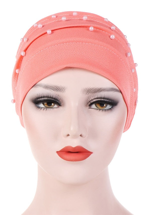 Muslim Women Turban Scarf Beaded Turban Hat Solid Color Beanies Cap Islamic Wrap Headscarf Musulman Femme Hijab Hair Care Accessories for Women