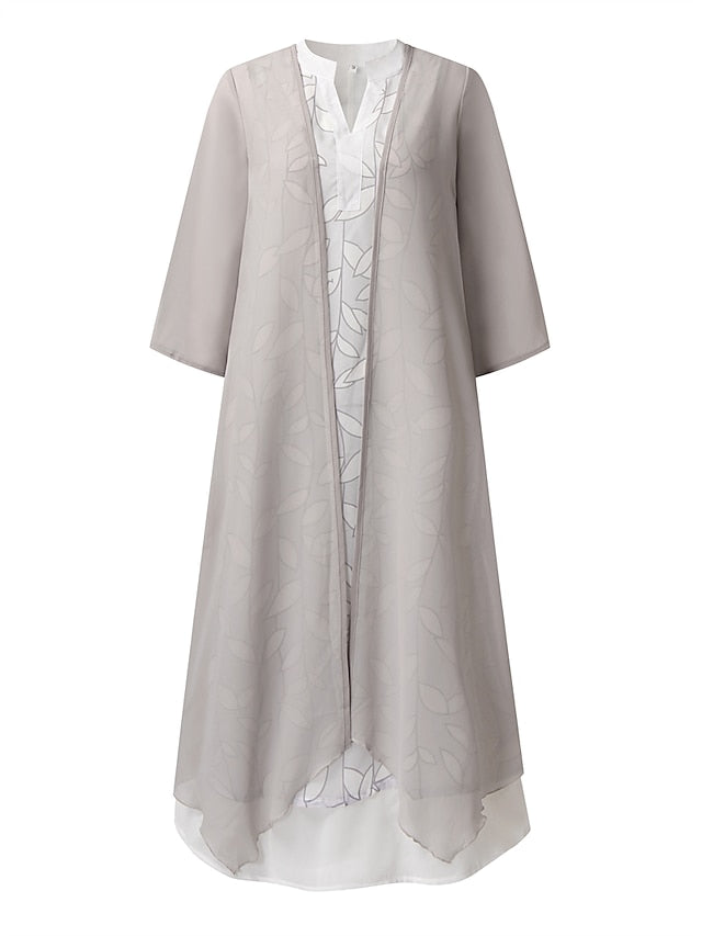 A Line Dress Midi Dress Gray 3/4 Length Sleeve Print Pure Color Ruched Fall Spring Crew Neck Elegant Casual Classic  S M L XL XXL 3XL / Loose for Women