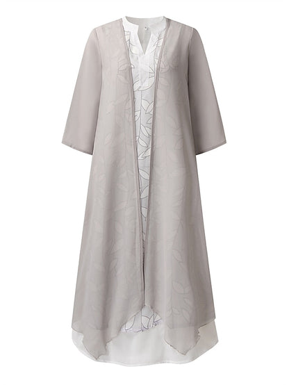 A Line Dress Midi Dress Gray 3/4 Length Sleeve Print Pure Color Ruched Fall Spring Crew Neck Elegant Casual Classic  S M L XL XXL 3XL / Loose for Women