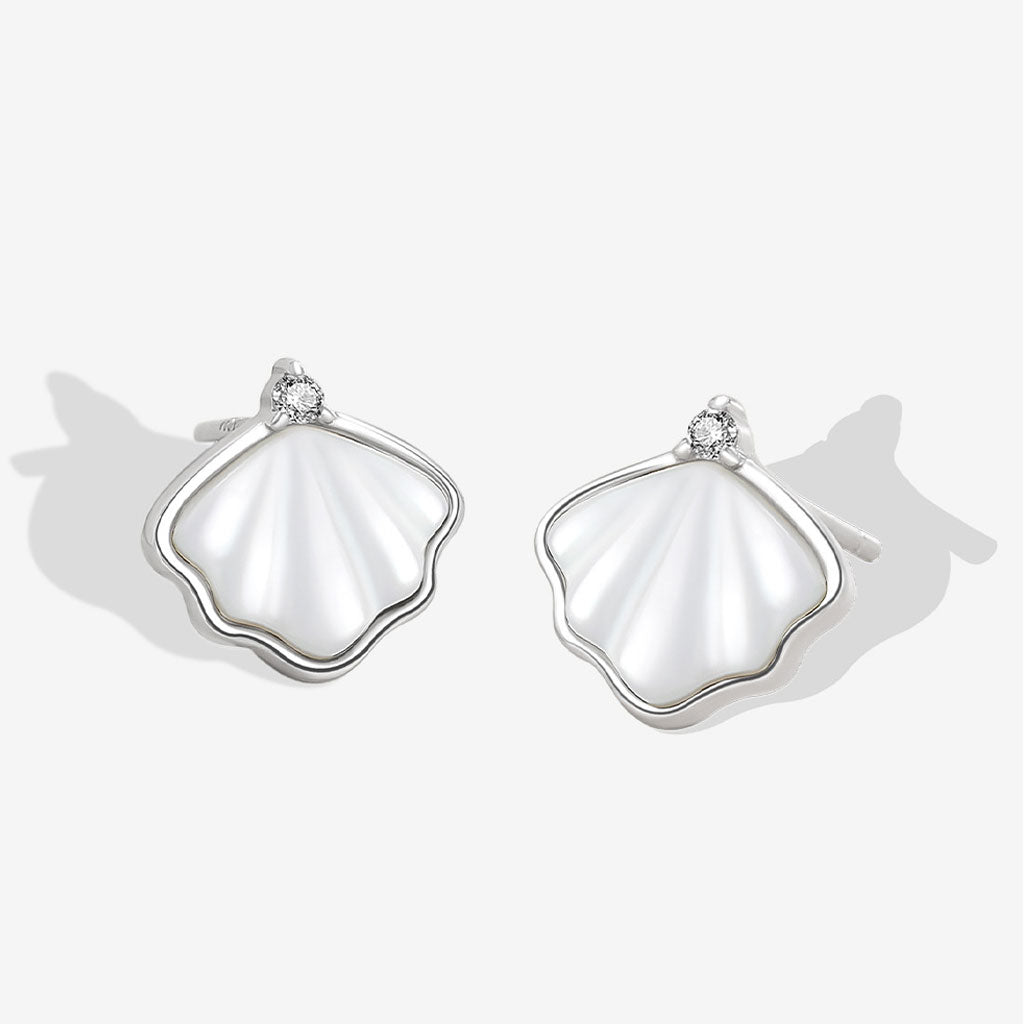 Rhodium Plated Ginkgo Leaf Earrings with Mother of Pearl and Cubic Zirconia