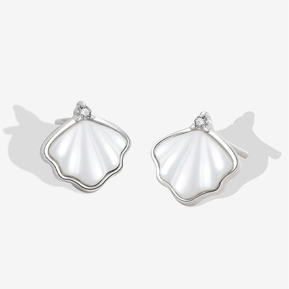 Rhodium Plated Ginkgo Leaf Earrings with Mother of Pearl and Cubic Zirconia
