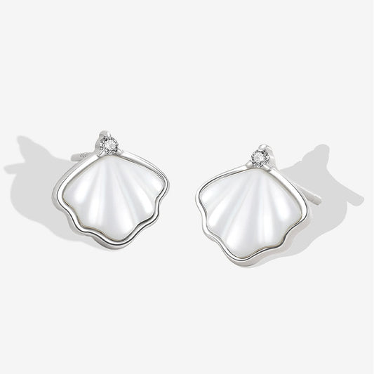 Rhodium Plated Ginkgo Leaf Earrings with Mother of Pearl and Cubic Zirconia