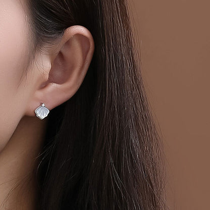 Rhodium Plated Ginkgo Leaf Earrings with Mother of Pearl and Cubic Zirconia