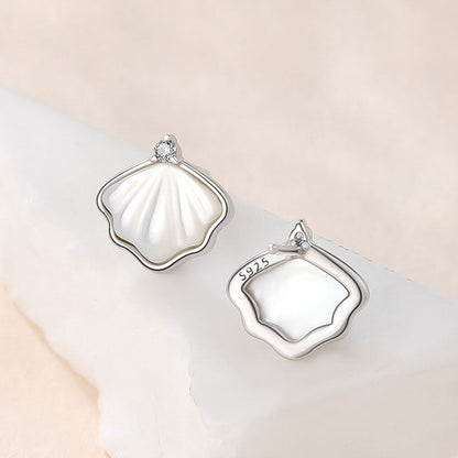 Rhodium Plated Ginkgo Leaf Earrings with Mother of Pearl and Cubic Zirconia