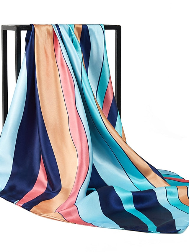 90*90cm Square Silk Scarf Women Shawls Neckerchief Stripe Print Hijab Scarf Lady Neck Scarves Soft Big Bandana for Women