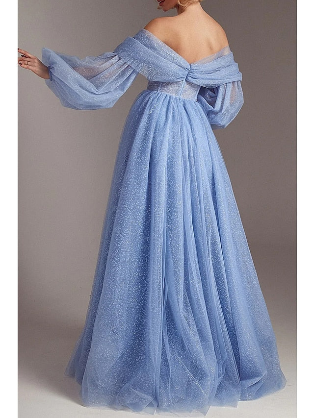 A-Line Prom Dresses Corsets Dress Formal Floor Length Long Sleeve Off Shoulder Tulle with Glitter Ruched Slit 2023
