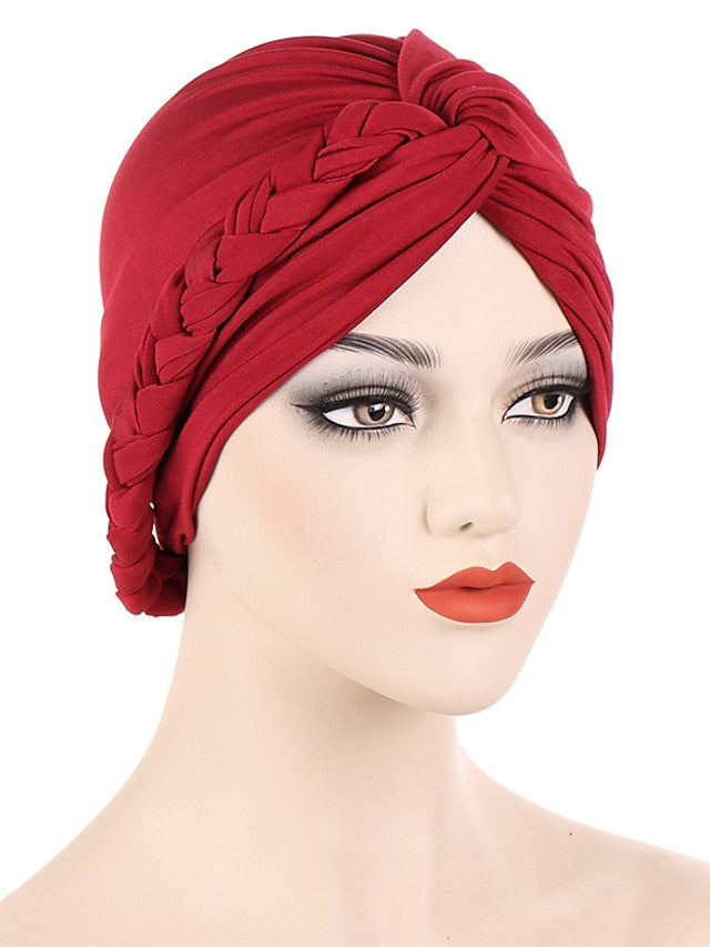 Women Lady Muslim Braid Head Turban Wrap Plain Color Islamic Arab Cap Hat Hair Loss Bonnet Beanies for Women