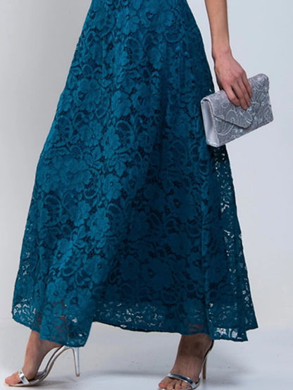 A Line Dress Maxi long Dress Royal Blue Lace Dress Half Sleeve Floral Solid Color Ruched Print Spring Summer Crew Neck Stylish Elegant  S-3XL for Women