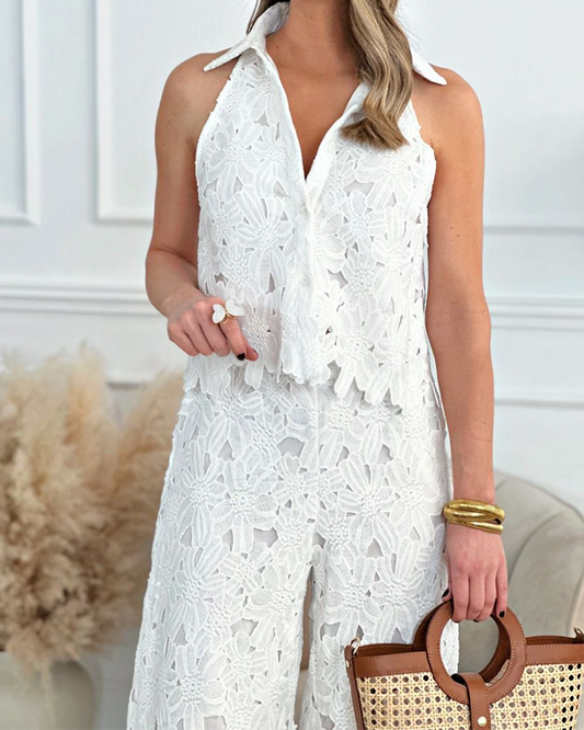 Hollow V-Neck Straight Pants Suit