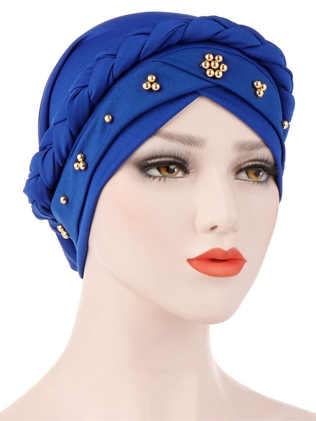 Women Lady Gold Beads Muslim Braid Head Turban Soft Islamic Arab Cap Hat Hair Care Bonnet Beanies Fashion for Women