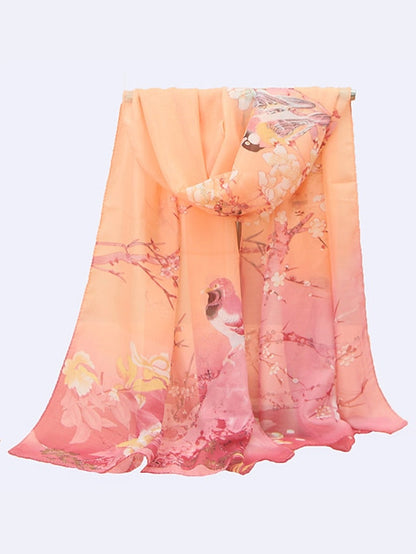 New Chiffon Scarves Women Summer Thin Scarf Shawls And Wraps Flower with Bird Print Hijab Stoles for Women