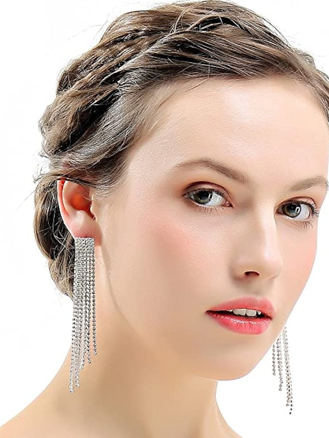 1Pair Mecresh Silver Rhinestone Crystal Bridal Chandelier Long Tassels Dangle Earrings for Wedding/Party Evening/Engagement for Women