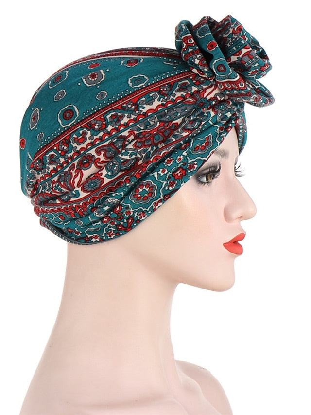 Ethnic Plaid Pattern Cashew Print Big Flower Headscarf Bonnet Women Turban Hat Turbante Femme Musulman India Hat Islamic Head Wrap Turban for Women