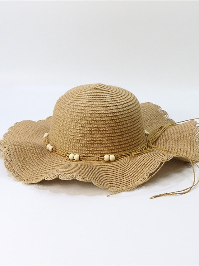 New Summer Wide-Brimmed Sunscreen Fashion Wooden Beads Wave Straw Hat Holiday Beach Hat for Women