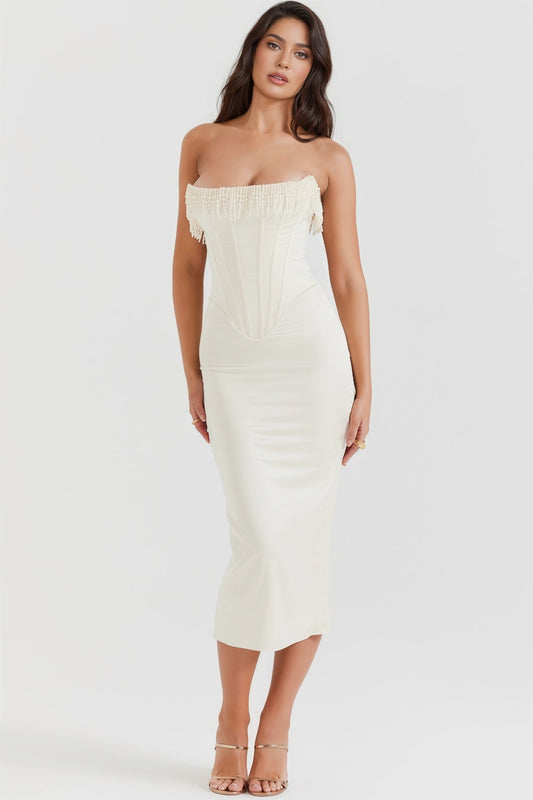Nikki Cream Embellished Strapless Midi Dress