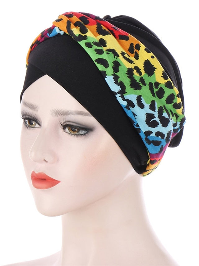 Soft Stretch African Headwear Leopard Print Women Head Scarf Hat Turban Caps Hijab Bonnet Inner Hijabs For Cap Muslim Headdress for Women