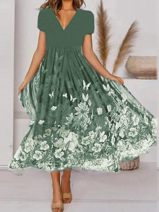 A Line Dress Midi Dress Green Blue Short Sleeve Floral Print Spring Summer V Neck Elegant Casual Vintage  S M L XL XXL 3XL for Women