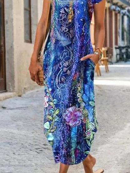 A Line Dress Maxi long Dress Blue Short Sleeve Floral Pocket Print Summer Round Neck Casual  S M L XL XXL 3XL for Women