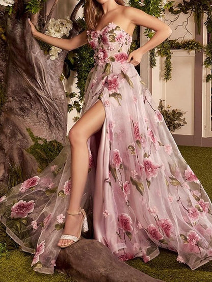A-Line Prom Dresses Floral Dress Wedding Guest Court Train Sleeveless Strapless Organza with Slit Appliques 2023