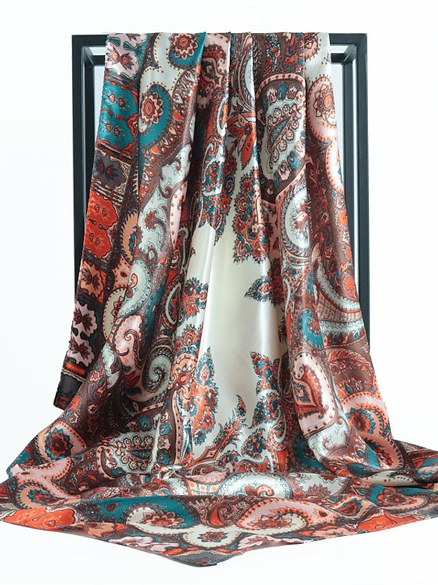 Vintage Flowers Square Scarf For Women Shawls Neckerchief Female Print Headband On the Head Wraps Foulard Hijab Hair Bands 90*90cm for Women