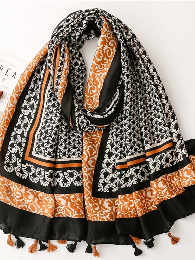Fashion Women Scarf Print Hijab Flower Tassel Shawls and Wraps Long Style Female Boho Bandana for Women