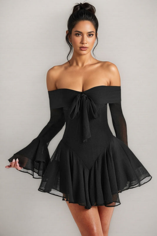 Lild Black One-Shoulder Bell Sleeve Mini Dress