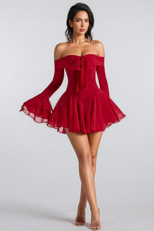 Hannd Red One-Shoulder Bell Sleeve Mini Dress