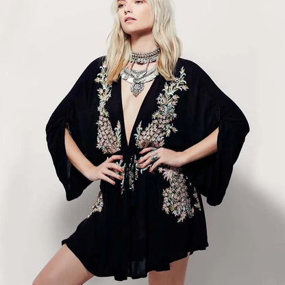 FashionSierra-New Floral Embroidery  2025 Summer  Vintage  Sexy  Beach  Deep V-neck  Long Sleeve  Party Boho Dress