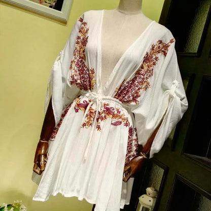FashionSierra-New Floral Embroidery  2025 Summer  Vintage  Sexy  Beach  Deep V-neck  Long Sleeve  Party Boho Dress