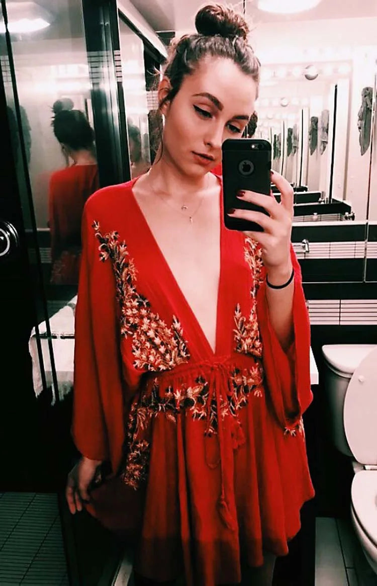 FashionSierra-New Floral Embroidery  2025 Summer  Vintage  Sexy  Beach  Deep V-neck  Long Sleeve  Party Boho Dress