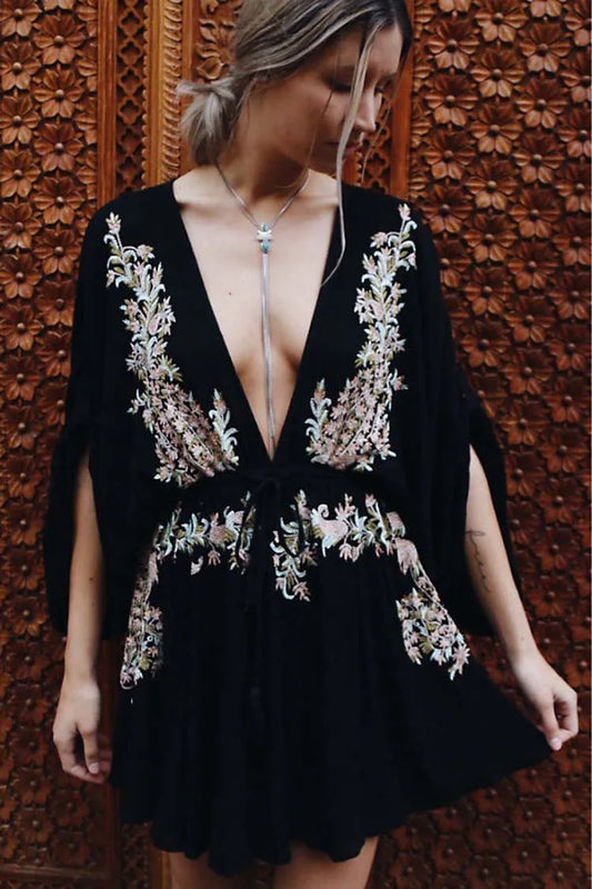 FashionSierra-New Floral Embroidery  2025 Summer  Vintage  Sexy  Beach  Deep V-neck  Long Sleeve  Party Boho Dress