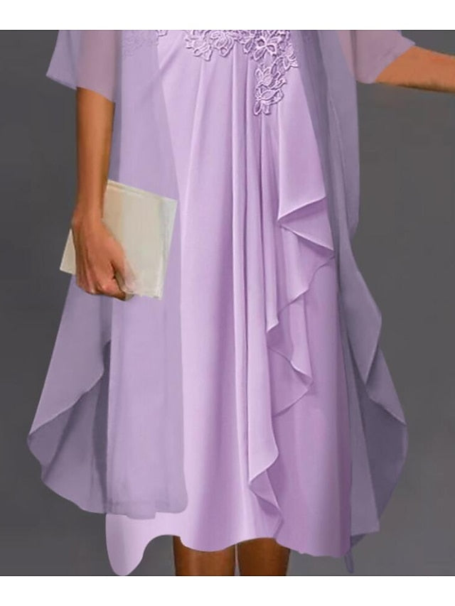 A Line Dress Knee Length Dress Blue Purple Pink Half Sleeve Floral Pure Color Ruched Mesh Fall Spring Crew Neck Elegant Casual Classic  S M L XL XXL 3XL for Women