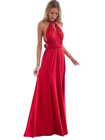 A-Line Bridesmaid Dress Halter / V Neck Sleeveless Convertible Floor Length Spandex with Sash / Ribbon / Pleats 2022