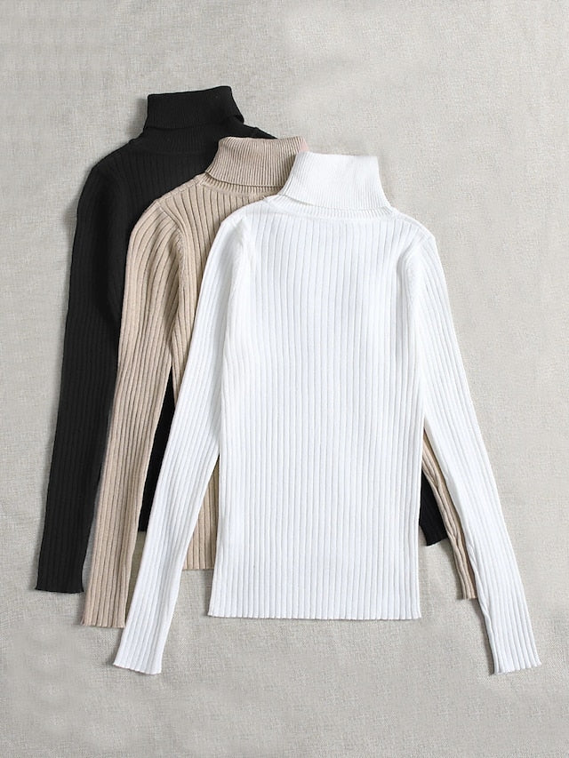 3 pieces Women's Pullover Sweater Jumper Ribbed Knit Knitted Thin Solid Color Turtleneck Basic Casual Daily Winter Fall Black White Gray Brown