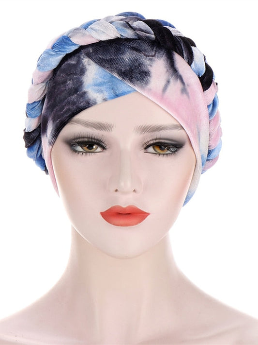 India Tie Dye Turban Cap Muslim Women Hijab Hair Care Hat Braid Headscarf Beanie Bonnet Islamic Headwear Wrap Hair Loss Cover for Women